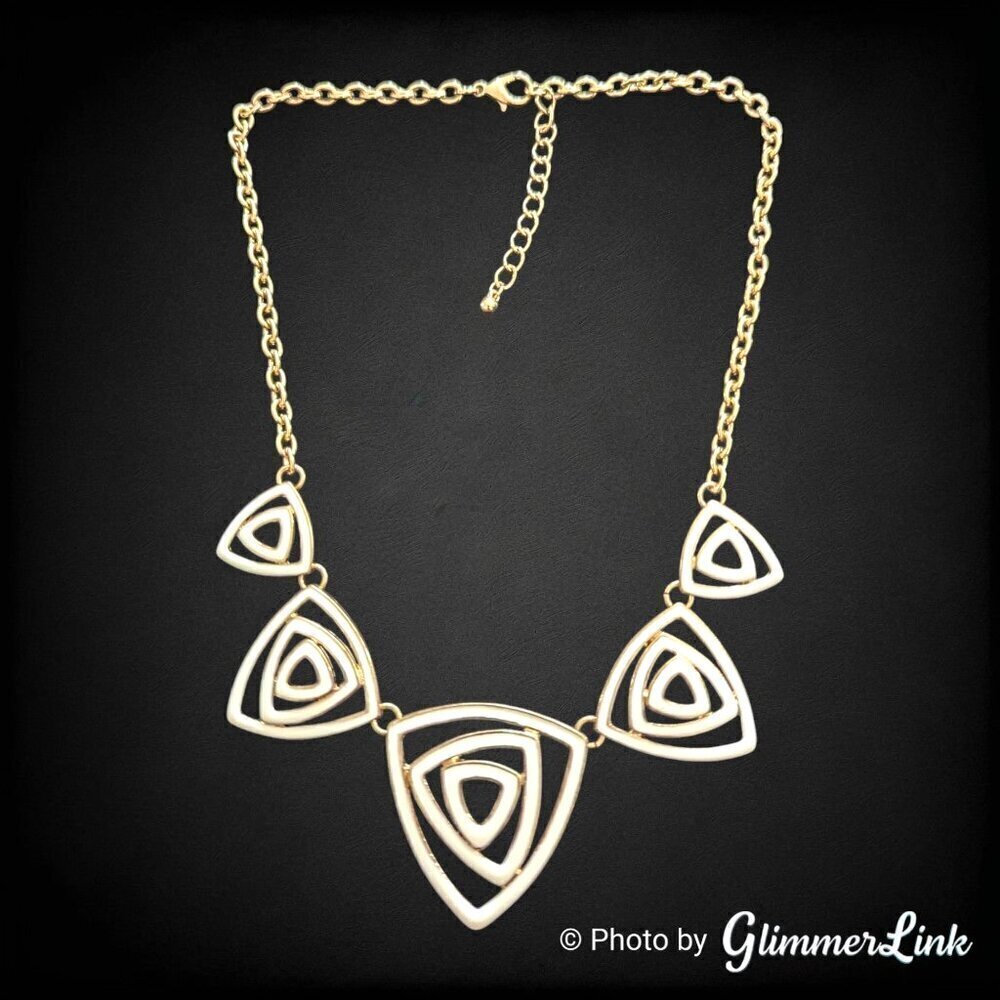 White Triangle Geometric Enamel Gold Tone Bib Necklace